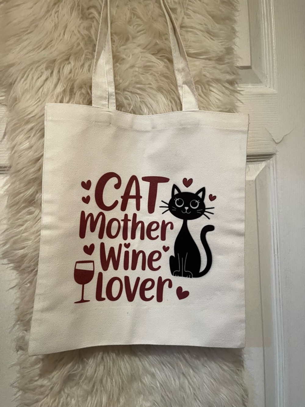 Small Cat Mother Wine Lover Canvas Tote Bag - White with Black & Burgundy Print